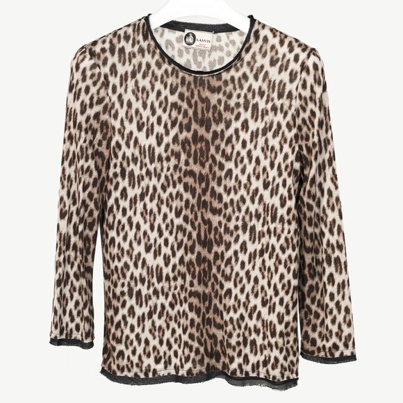 Lanvin PF/10 Grey Leopard-Print Silk-Trim 3/4-Sleeve T-Shirt - Picture 1 of 9